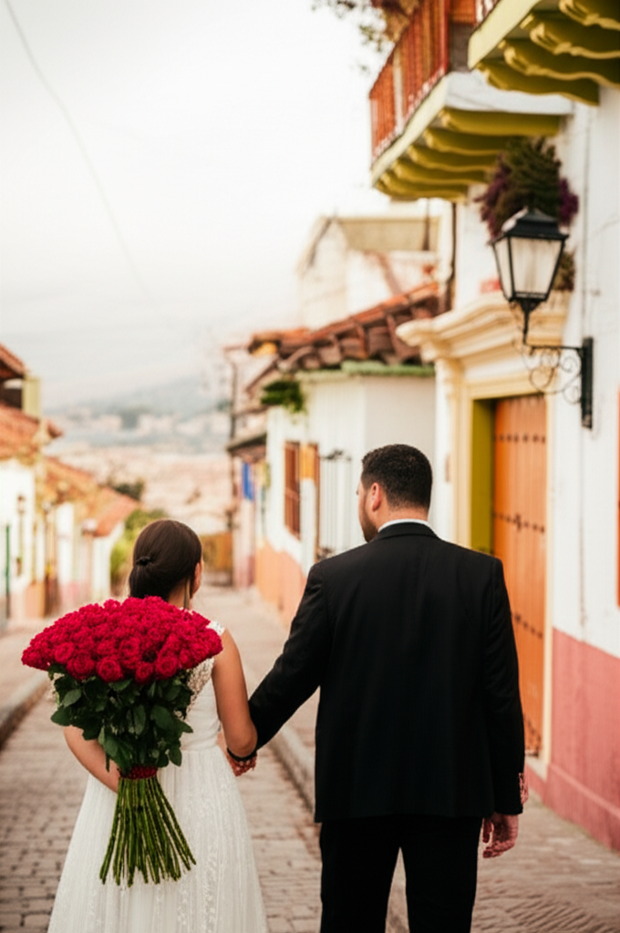 Pareja caminando por Usaquén con rosas rojas al atardecer
